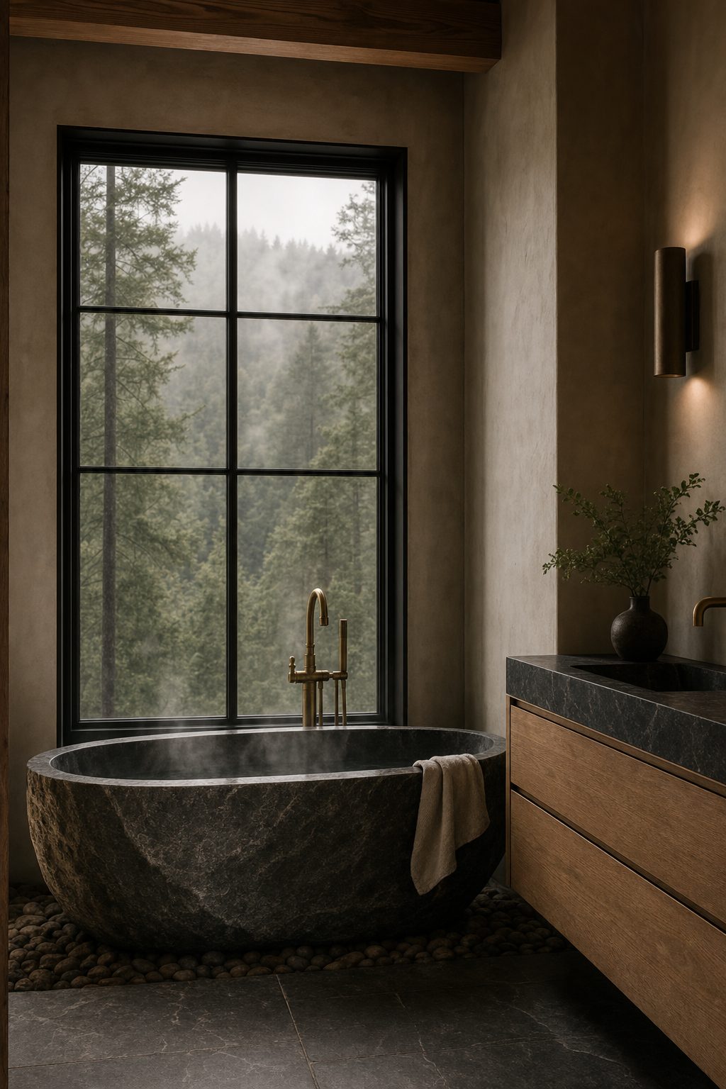 Study: a honed stone soaking tub beside a steel-framed window, white oak vanity and limewash plaster walls