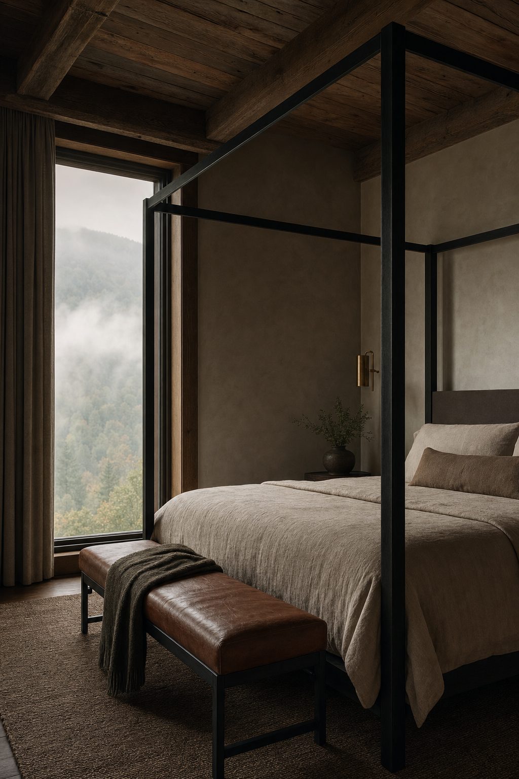 Study: a blackened steel canopy bed dressed in Belgian linen, a saddle leather bench at its foot, timber ceiling above