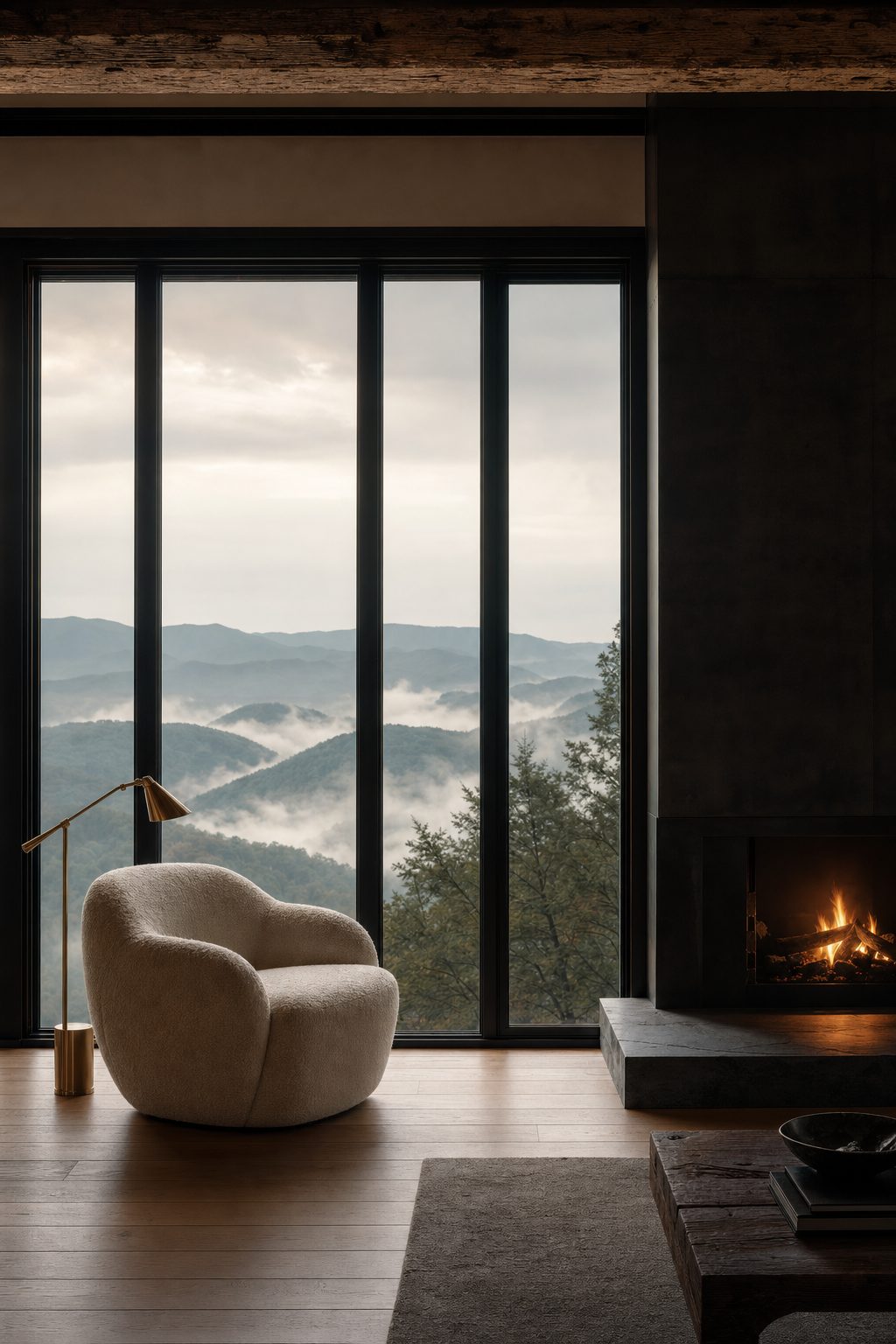 Study: a wool bouclé lounge chair on white oak flooring beside a blackened steel fireplace, mist-filled ridgelines beyond full-height glazing