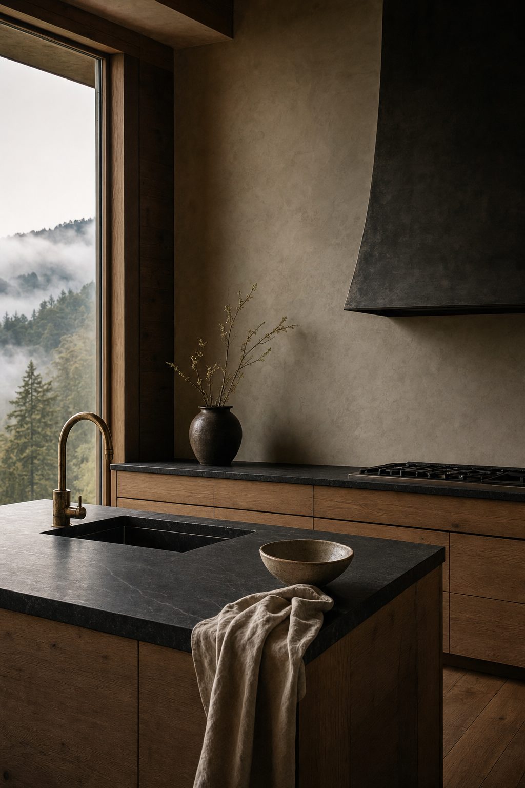 Study: a honed soapstone counter with an unlacquered brass tap, white oak cabinetry and a blackened steel hood
