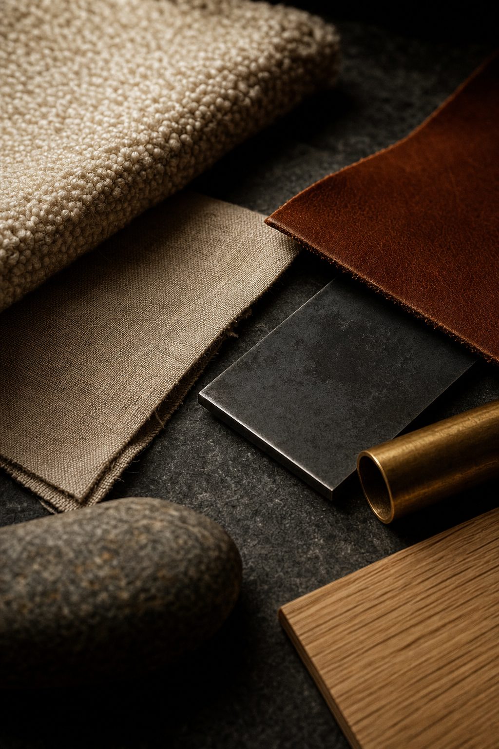 Material samples laid out: wool bouclé, Belgian linen, saddle leather, honed stone, blackened steel, brass and white oak